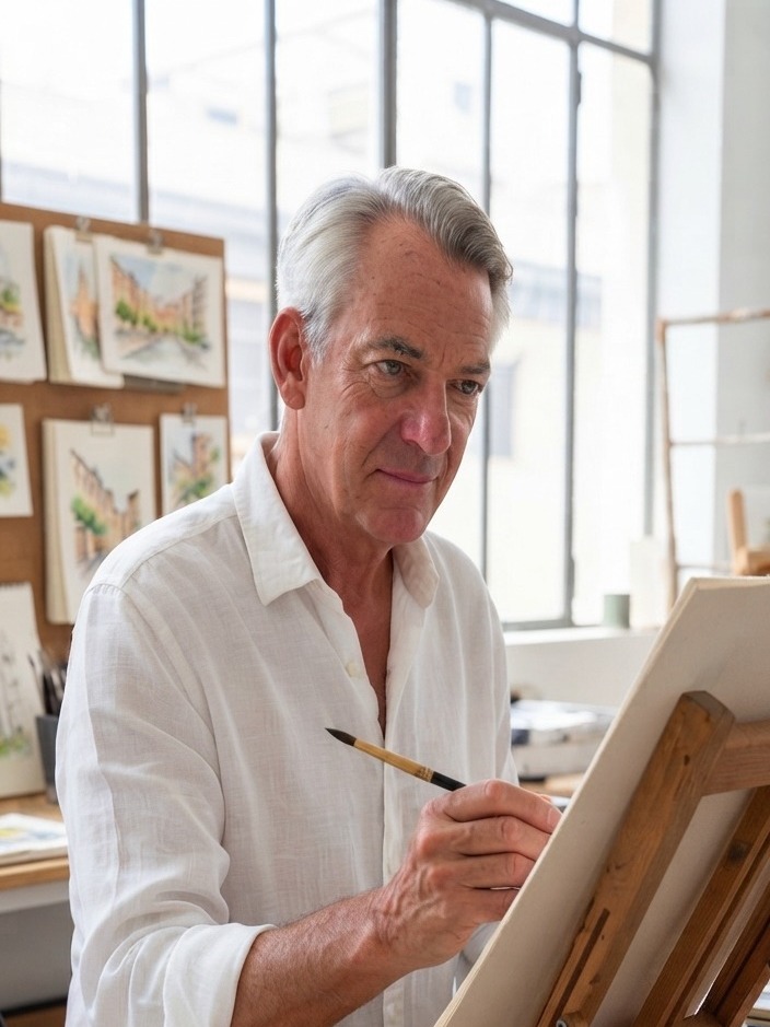 Jose M. Bosch López pintando con acuarela en el caballete, en un estudio luminoso