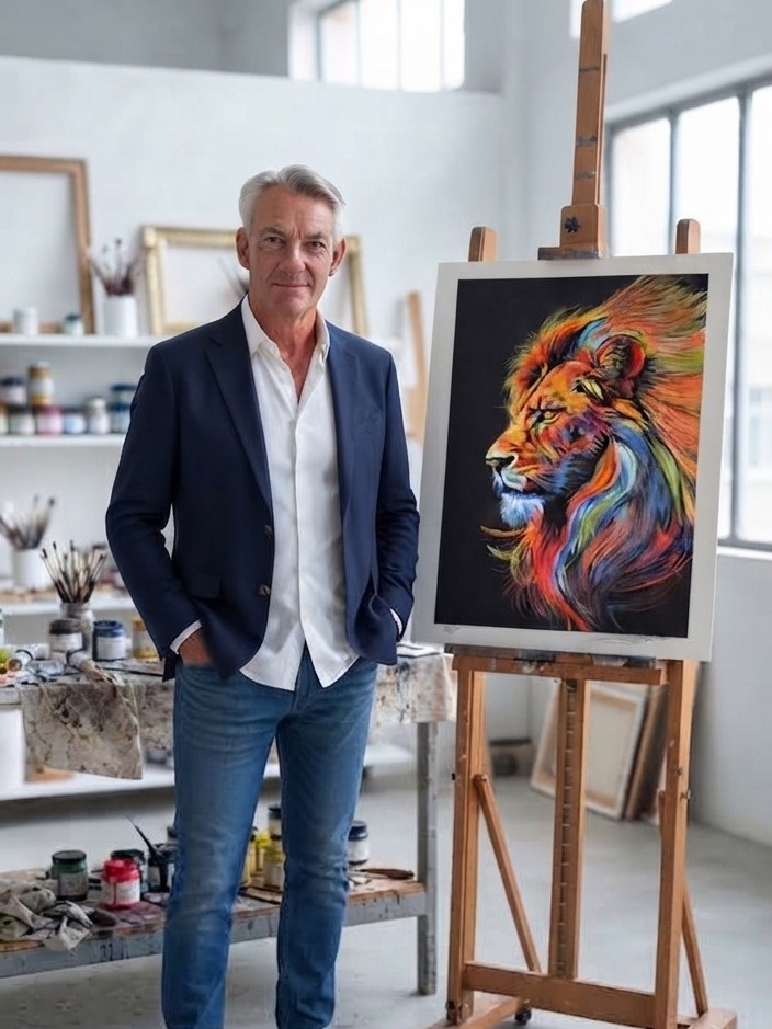 Jose M. Bosch López junto a la obra del león terminada en el caballete